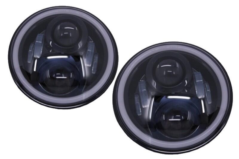 7 tommer CREE LED forlygter med amber halo DRL, velegnet til Jeep Wrangler JK TJ LJ, Land Rover Defender og Mercedes W463, sort.