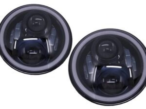 7 tommer CREE LED forlygter med amber halo DRL, velegnet til Jeep Wrangler JK TJ LJ, Land Rover Defender og Mercedes W463, sort.