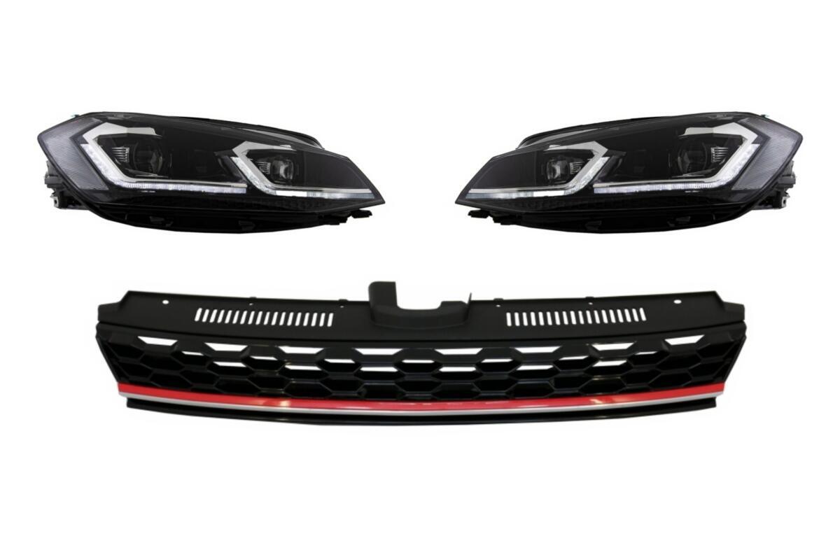 Central badgeløs grill med LED-forlygter og sekventielle dynamiske blinklys, egnet til VW Golf 7.5 VII Facelift (2017-og frem) GTI design i rød og krom.