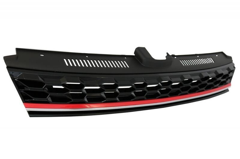 Central badgeløs grill med LED-forlygter og sekventielle dynamiske blinklys, egnet til VW Golf 7.5 VII Facelift (2017-og frem) GTI design i rød og krom. - Billede 3