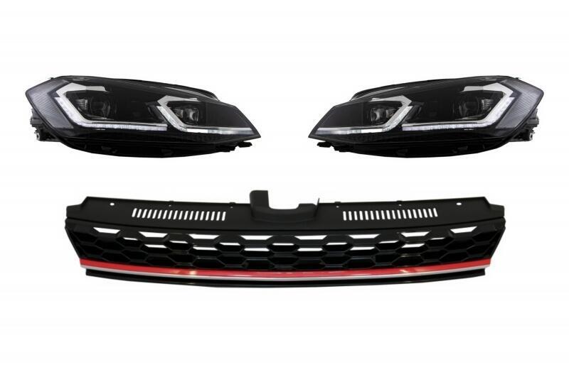 Central badgeløs grill med RHD LED-forlygter og sekventielle dynamiske blinklys, egnet til VW Golf 7.5 VII Facelift (2017-op) GTI-design i rød og krom.