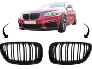 Centrale nyregriller egnet til BMW 2 Serie F22 F23 F87 (2014-op) Dobbeltstribe M Design i klaversort.