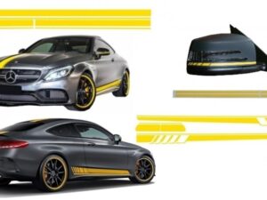 Sæt klistermærker til side dekaler og øverste motorhjelm, tagluke og spejl i mat gul, egnet til Mercedes C205 Coupe og A205 Cabriolet (2014-og frem).