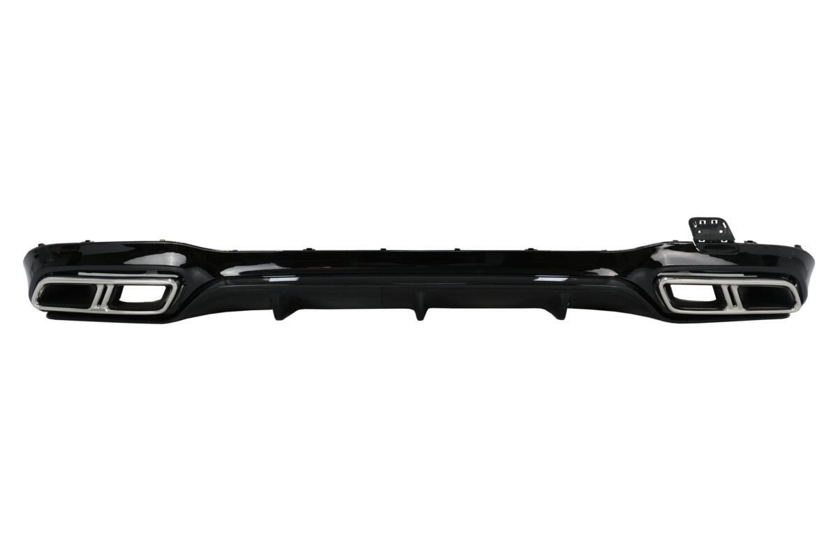 Bageste kofanger luftdiffuser sort med udstødningsmuffler tips i krom, egnet til Mercedes E-Class W213 Sport Line (2016-2019) E63s design.