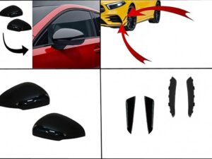 Kit til frontskørter med sidefinneflaps, der passer til Mercedes A-Class W177 V177 (05.2018-2022) med spejlcover i A35 Design Black Edition.