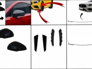 Kit til frontskørter med sidefinne, der passer til Mercedes A-Class W177 V177 (05.2018-2022) med skørteforlængelse og sidespejlcover i A35 Design Black Edition.