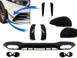 Bagdiffuser med frontsideventiler og flap-sideror samt spejlcover, egnet til Mercedes A-Class V177 Sedan (2018-2022) Sort udstødning