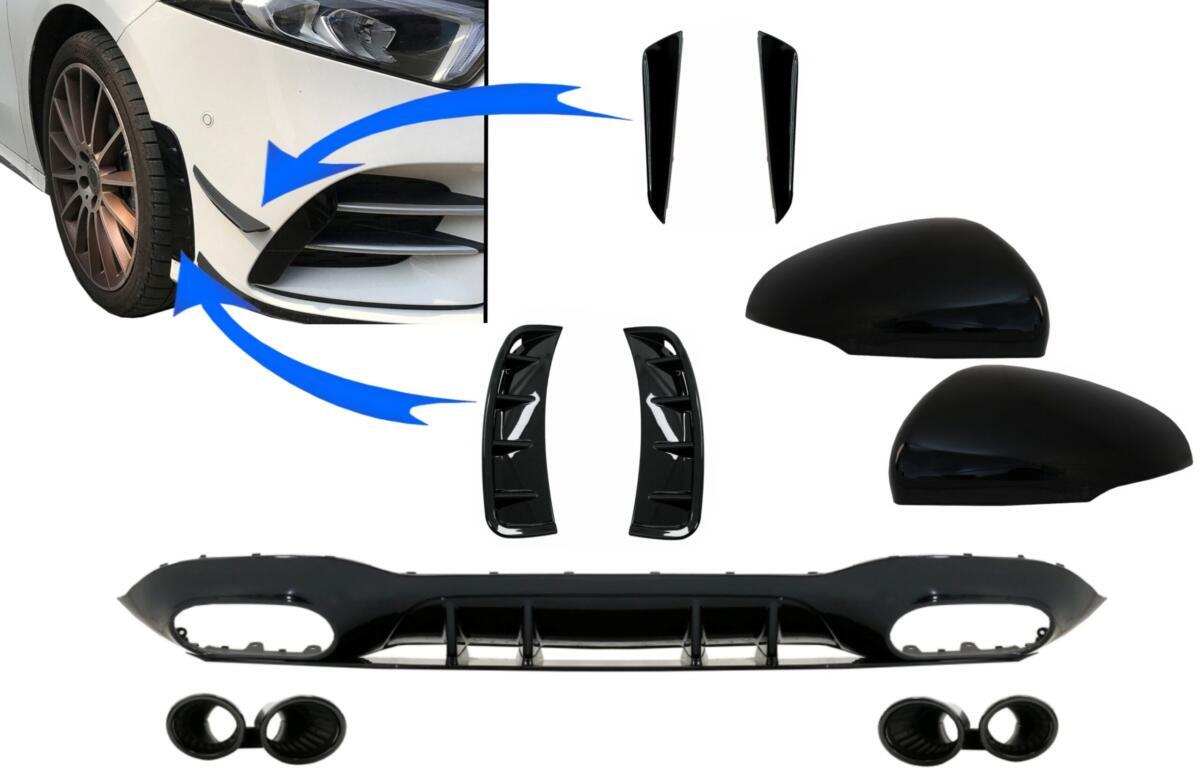 Bagdiffuser med frontsideventiler og flap-sideror samt spejlcover, egnet til Mercedes A-Class V177 Sedan (2018-2022) Sort udstødning