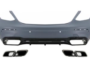 Bageste kofanger med udstødningsdæmper tips i krom, egnet til Mercedes E-Class W213 (2016-2019) E63 design.