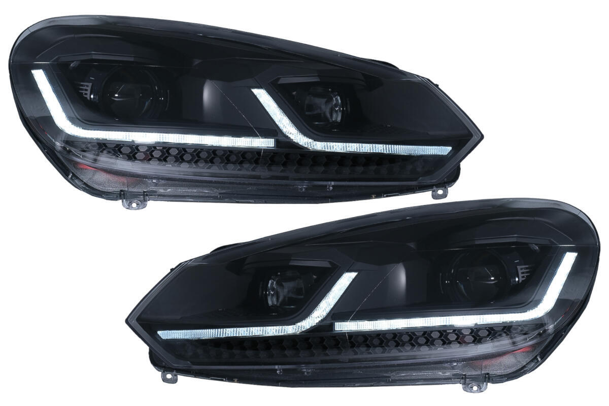 LED-forlygter velegnet til VW Golf 6 (2008-2013) med Facelift G7.5 Look, sorte, flydende dynamiske sekventielle blinklys, venstrestyret.