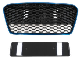 Frontgrill egnet til Audi R8 42 1. generation facelift (2013-2015) RS-design blank sort med blå detaljer.