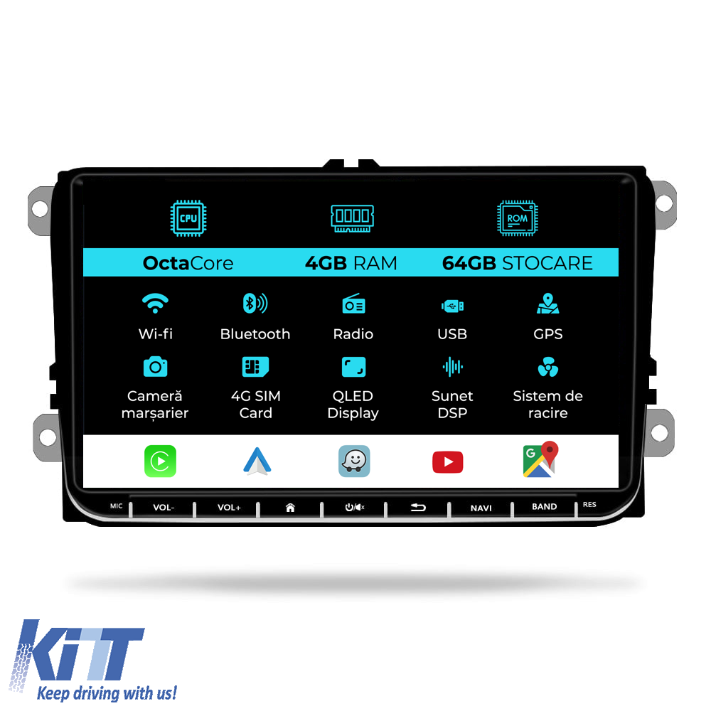 Navigation til Volkswagen, 9 tommer, 4Gb RAM, 64Gb lager, Carplay.