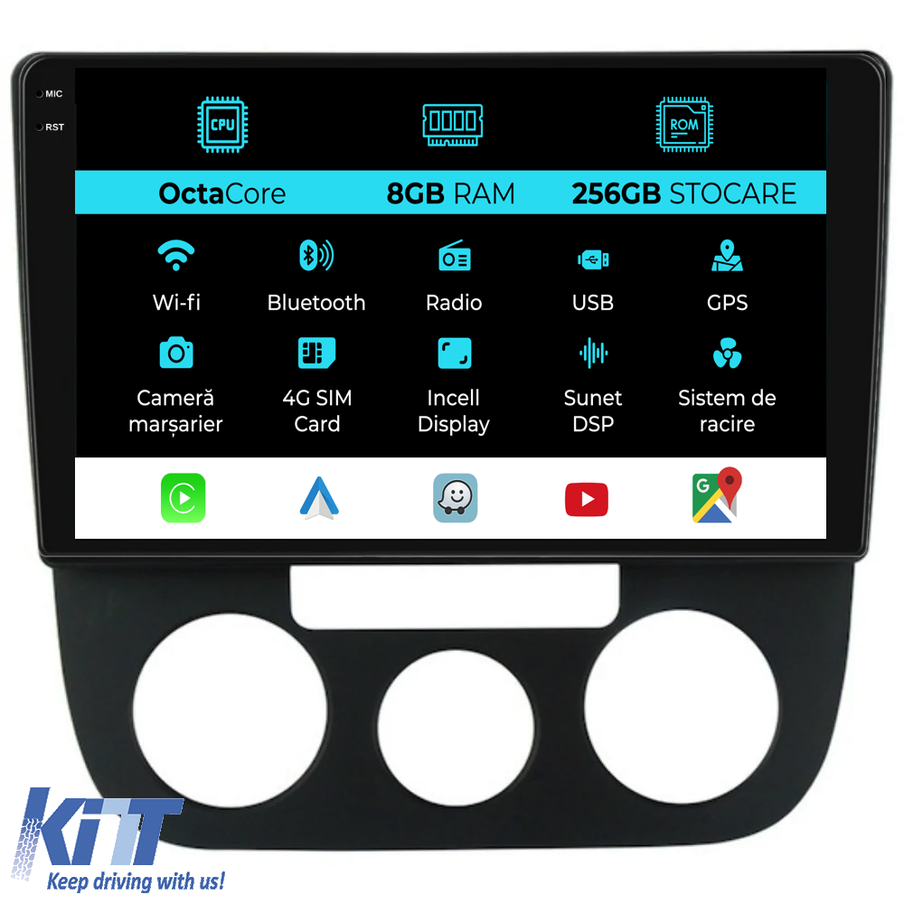 Navigation til Volkswagen Golf5, Jetta (2004-2009), 10 tommer, 8GB RAM, 256GB lager, Carplay - Manuel klimakontrol