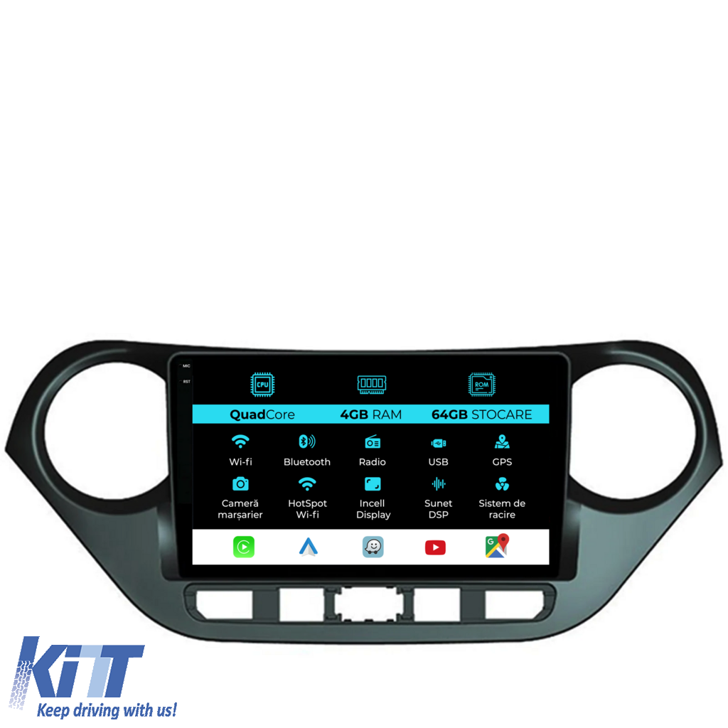 Navigation til Hyundai I10, 2013-2017, QuadCore, 9 Tommer, 4Gb RAM, 64Gb Lager, Carplay
