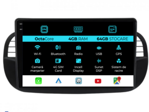 Navigation til Fiat 500, (2007-2015), 9 tommer, 4Gb RAM, 64Gb lager, Carplay