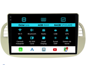 Navigation til Fiat 500, (2007-2015), 9 Tommer, 4Gb RAM, 64Gb Lager, Carplay