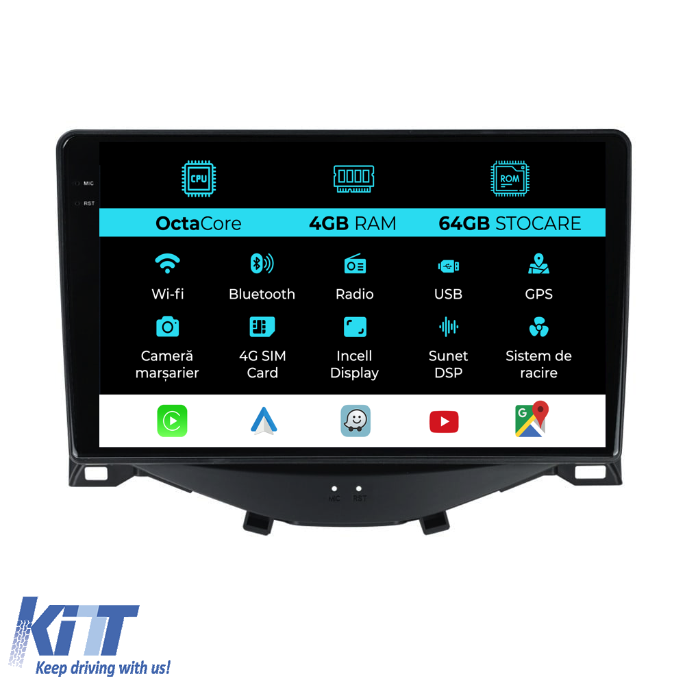 Navigation til Peugeot 108, Citroen C1, Toyota Aygo (2014 - 2022), 9 tommer, 4 GB RAM, 64 GB lager, Carplay