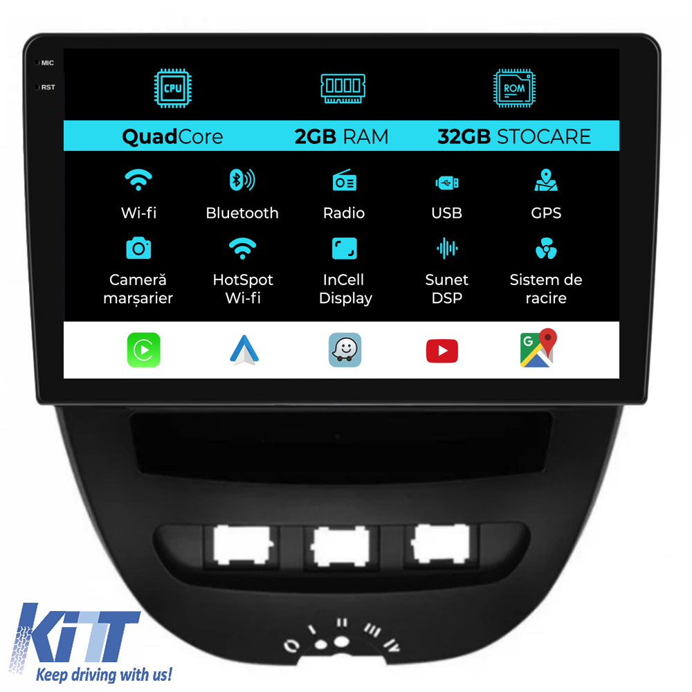 Navigation til Peugeot 107, Citroën C1, Toyota Aygo (2005 - 2015), 10 tommer, 2 GB RAM, 32 GB lager, Carplay